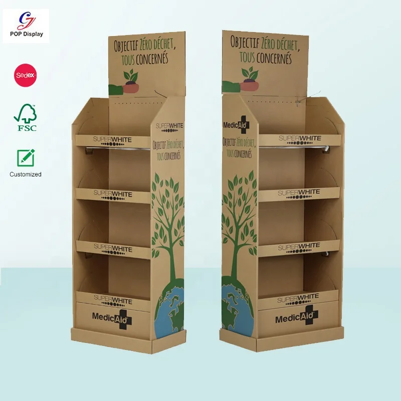 Supermarket Customized Promotion ECO Friendly Kraft Paper Floor Display Shelf Tower POP up Corrugated Cardboard Display Racks