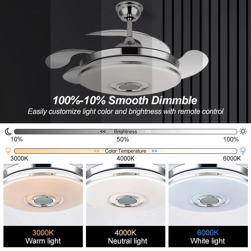 2034S 42Inch Modern Retractable Ceiling Fans with Light Speaker Music Player Chandelier 3 Colors Invisible Blades Remote Control