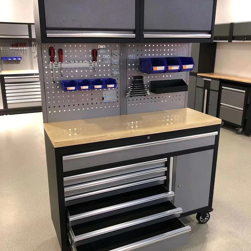 New Design Professional Garage Cabinet Garage Storage Workbench with Stainless Wood Top supplier