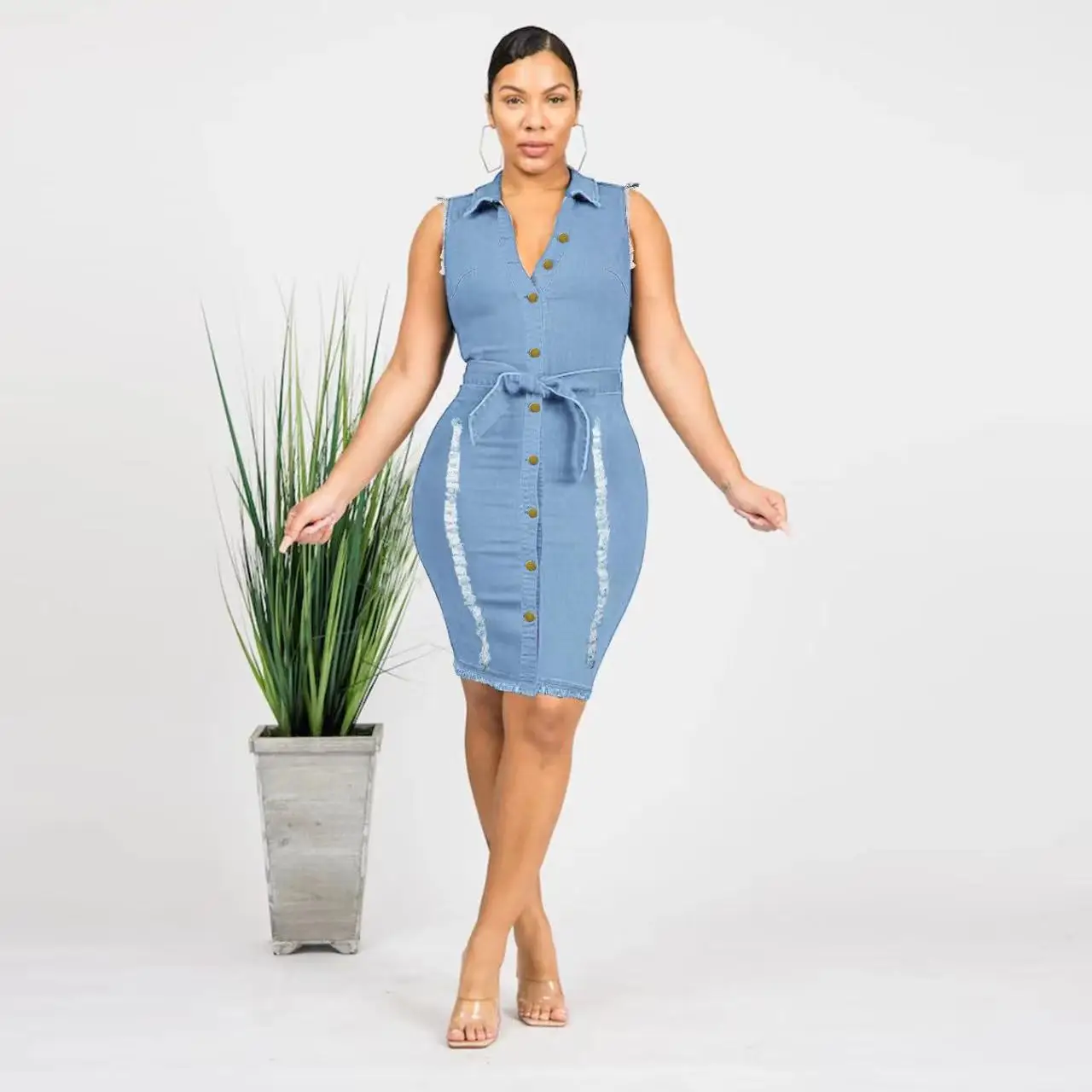 2022 Summer New Woman Sleeveless Ripped Denim Dress Fashion Slim