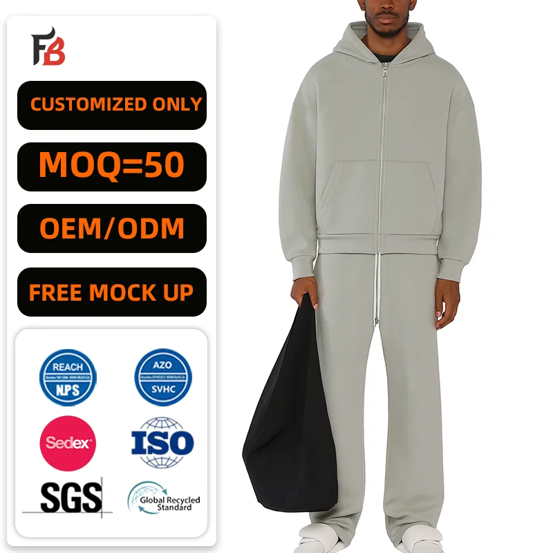 Custom Logo Streetwear Boxy Cropped Zip up Hoodies and Sweatpants Set Manufacturer Oversized Blank Sport Men's Tracksuit