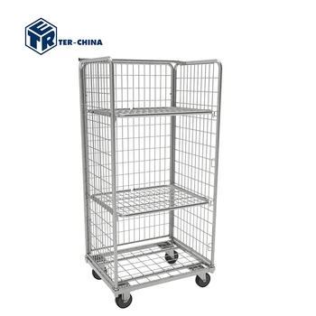 860x 660xH1800 Warehouse Safety Laundry Cargo Storage Steel Zinc Wire Mesh Roll Cage Pallet Trolley with shelves