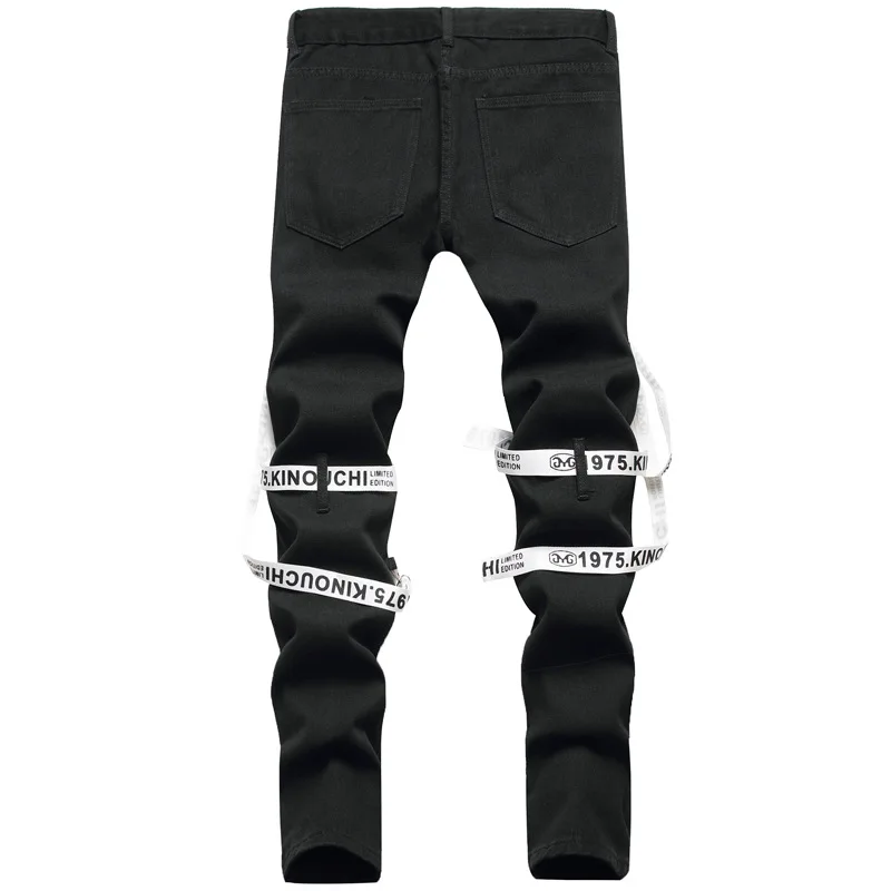 Wholesale Strap Pants Men Fashionable Black Ripped Jeans