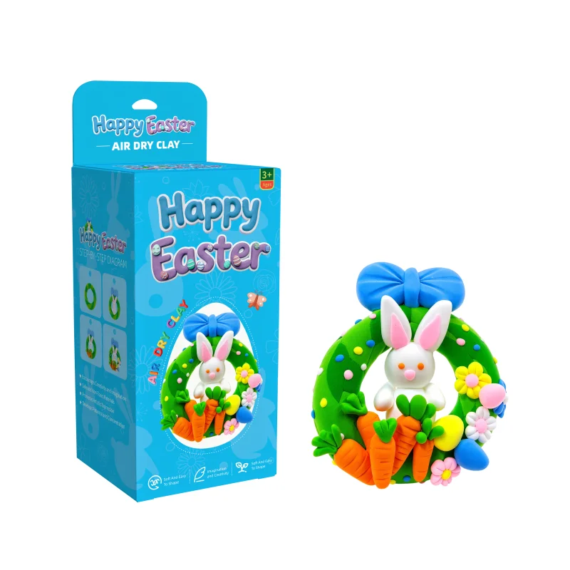 教育玩具：イースター向けエアドライクレイDIYキット｜子供向けクリエイティブクラフト｜うさぎのリース製作セット（クレイパック、成形ツール、キーホルダー付き）