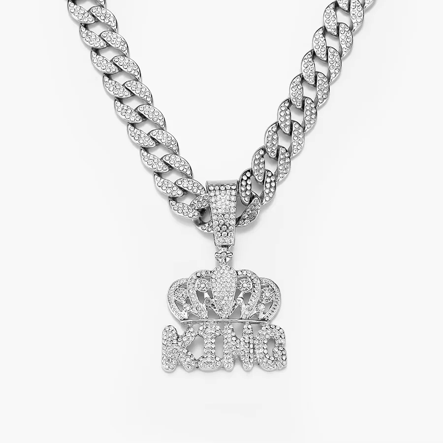 Iced Out Hip Hop 15mm Cuban Chain With Alloy and Bling Rhinestone Crown  KING Pendant Necklace
