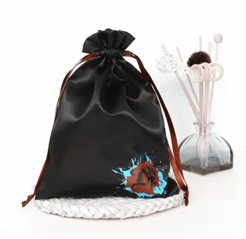 Custom fabric silk drawstring bag premier printing black satin clothing packaging bag with rope