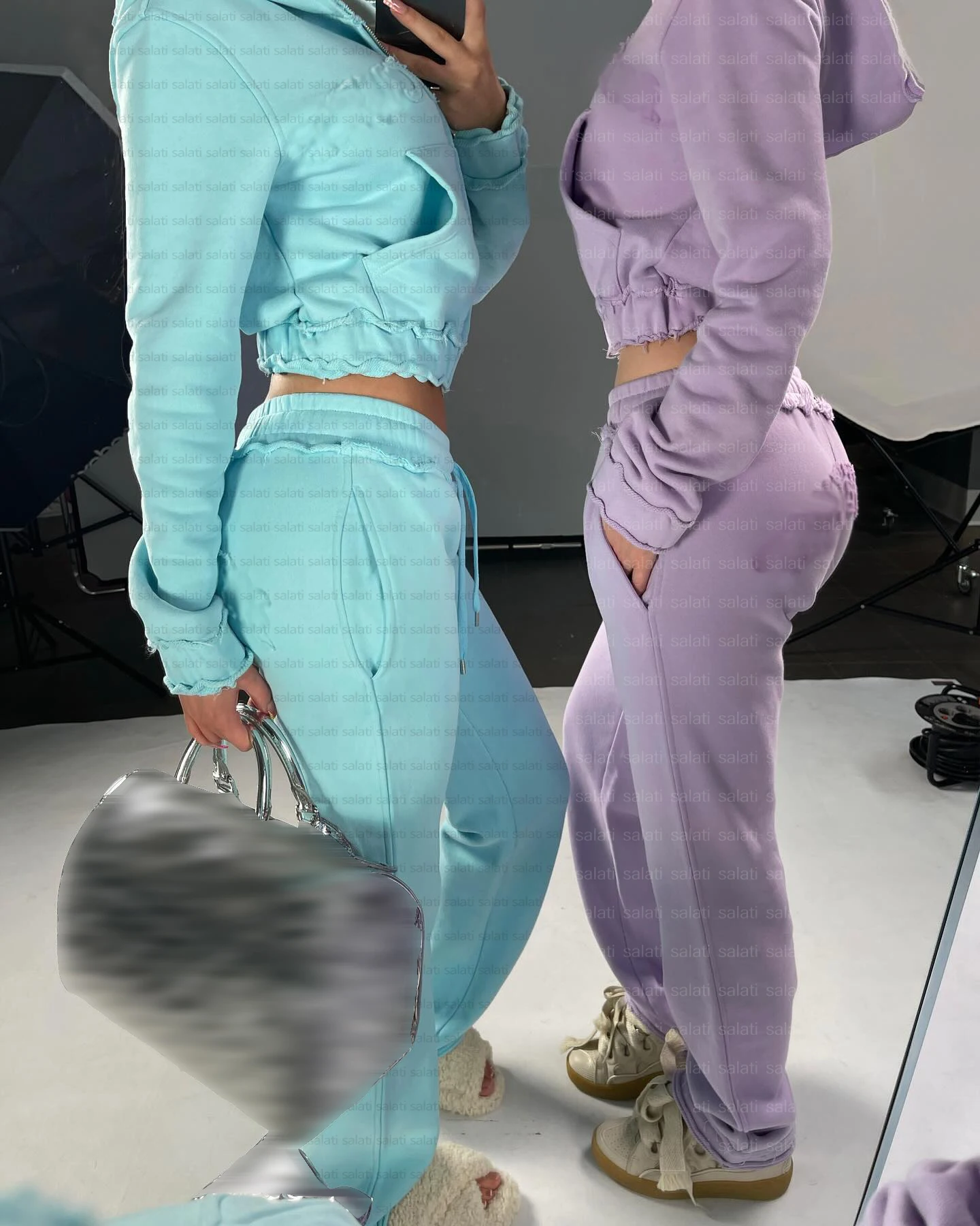 Two Piece Zip up Crop Hoodie and Jogger Set Custom Embroidery Tracksuits 100% Cotton Sweat Suit Stacked Pants Sweatsuits Women