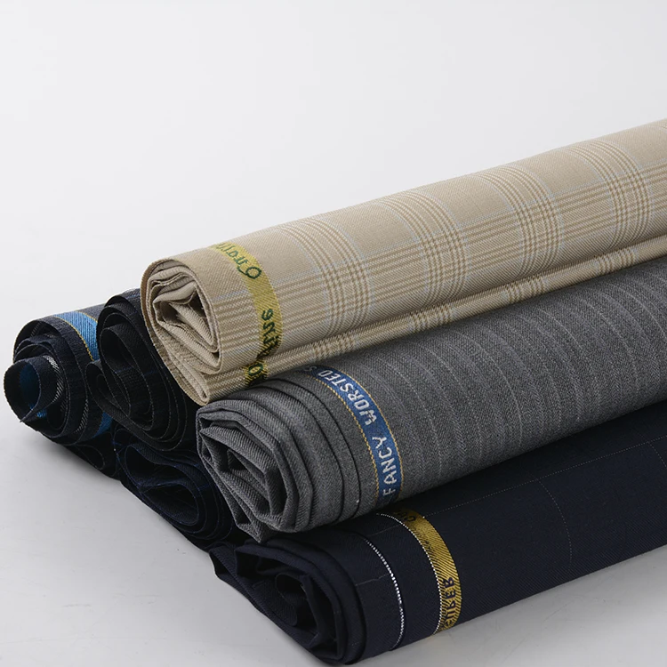 Italian Worsted Plaid Check Stripe Wool Polyester Suiting Fabric for Men
