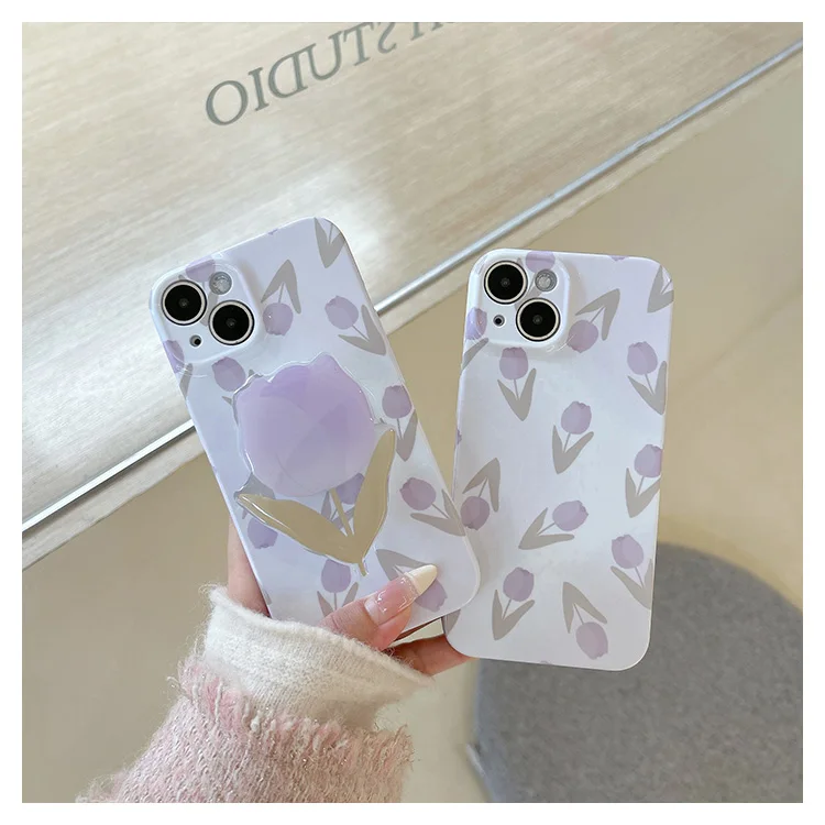 New Arrival Purple Pink Gradient With Tulip Holder Phone Case for IPhone 15 14 13 12 Pro Max