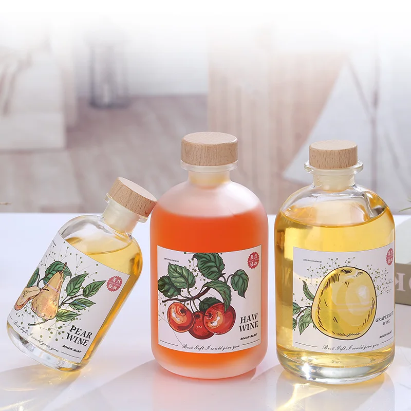 Fancy Round 100ml 250ml 375ml 500ml Clear Fruit Glass Wine Liquor Bottle With Cork Stopper