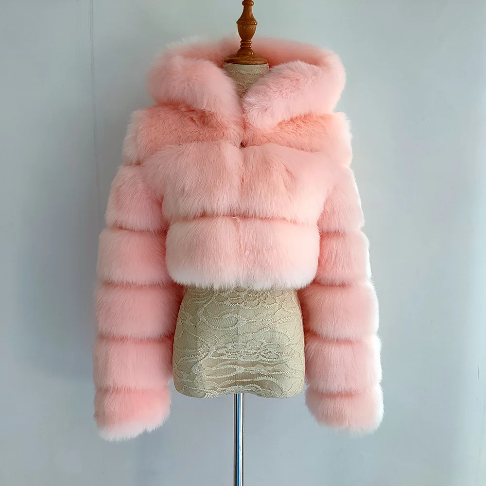 J9904 Women Luxury Warm Hooded Coat Winter Warm Fluffy Faux Fur Short Coat  Jacket Parka Fur Coat Fur Jacket