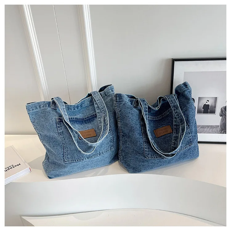 Custom Logo Eco Recycle Reusable Grocery Designer Women Shoulder Jean Cloth Tote Bags Denim Tote Bag
