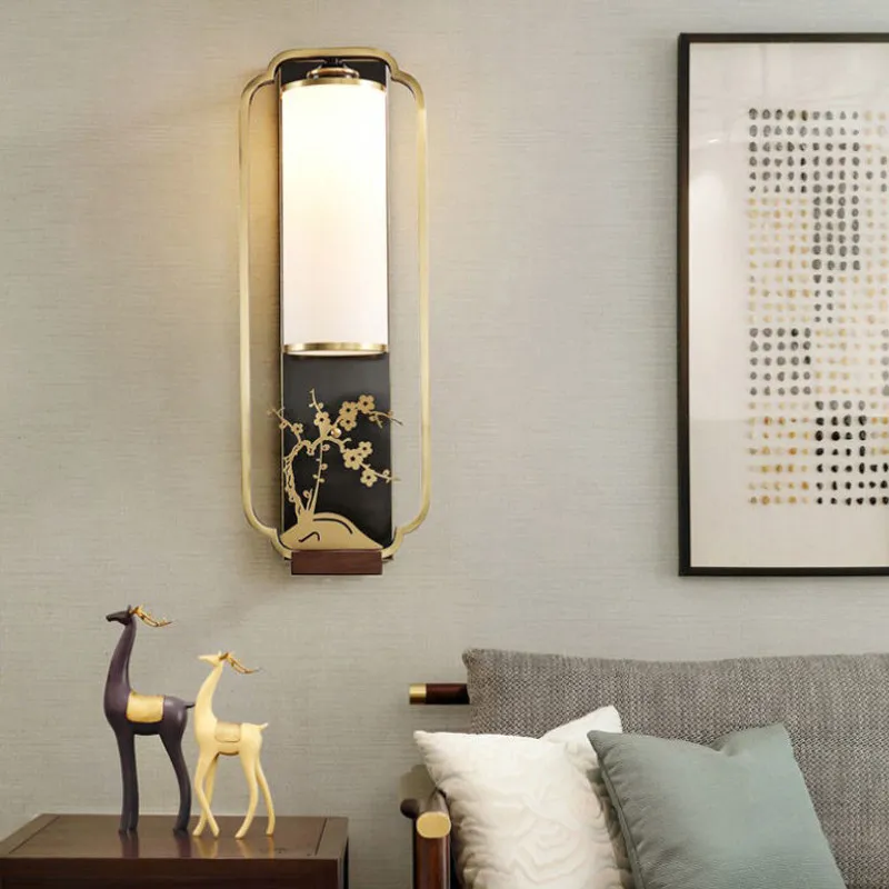 مصباح جداري صيني الطراز من النحاس الكامل مزود بتقنية LED، بتصميم مستوحى من فلسفة الزن مع زخارف الخيزران والبرقوق والأوركيد والقزحية لغرفة النوم أو خلفية تلفزيون الغرفة