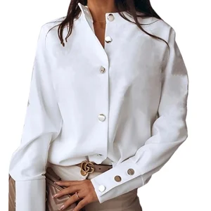 Custom High Quality  Spring Summer Casual Button Down Blouses Stand Neck Long Sleeve Casual Slim Shirts for Daily Life