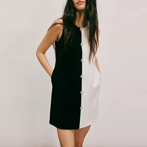 Factory New Arrival Round Neck Sleeveless Dresses Women Colorblock Design Elegant Black White Mini Dress
