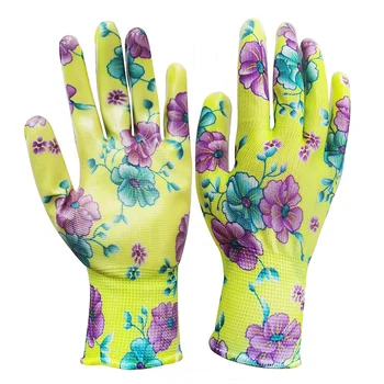GD3002 Colorful Floral Flower print Nylon liner Transparent Nitrile palm coating lady's work hand gloves