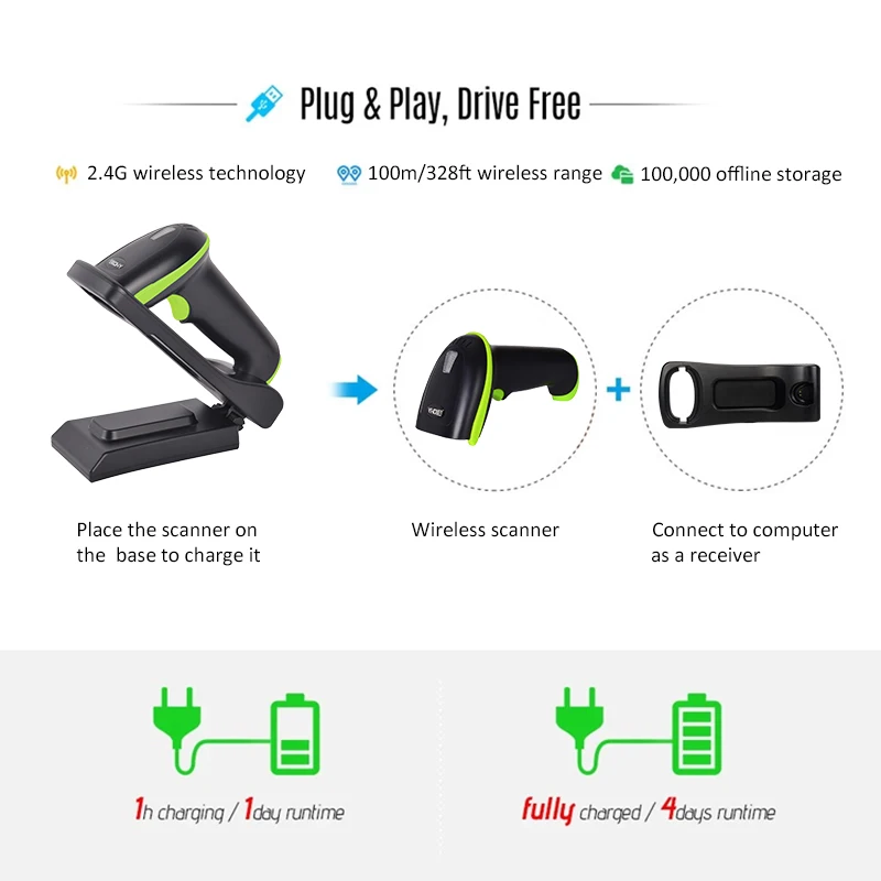 YHDAA Fall Prevention Barcode Reader Large Capacity Battery Handheld 1d Wireless Laser Barcode Scanner Gun