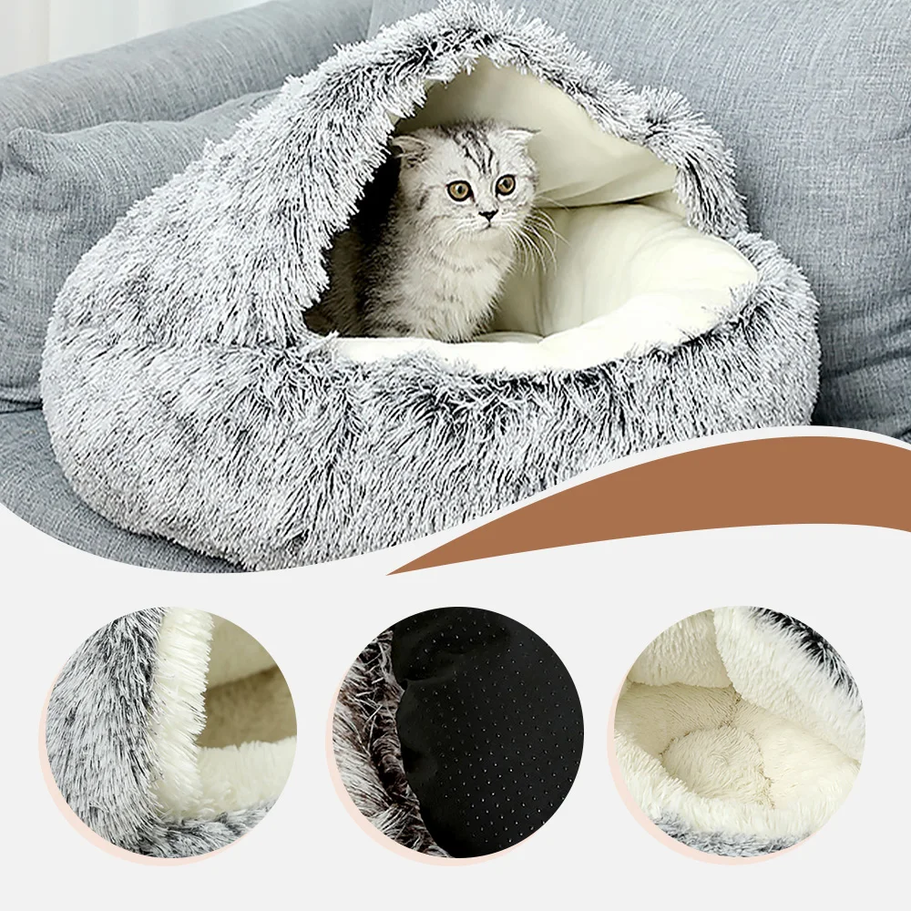 Winter Warm Faux Fur Solid Round Cat Bed Cave with Removable Washable  - product detail 2