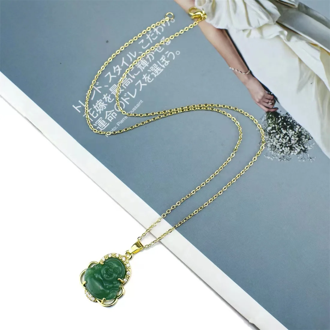 Factory Price Religious Copper Micro-inlaid Zircon Pendant  Crystal Jade Stone Buddha Pendant Necklace for Women