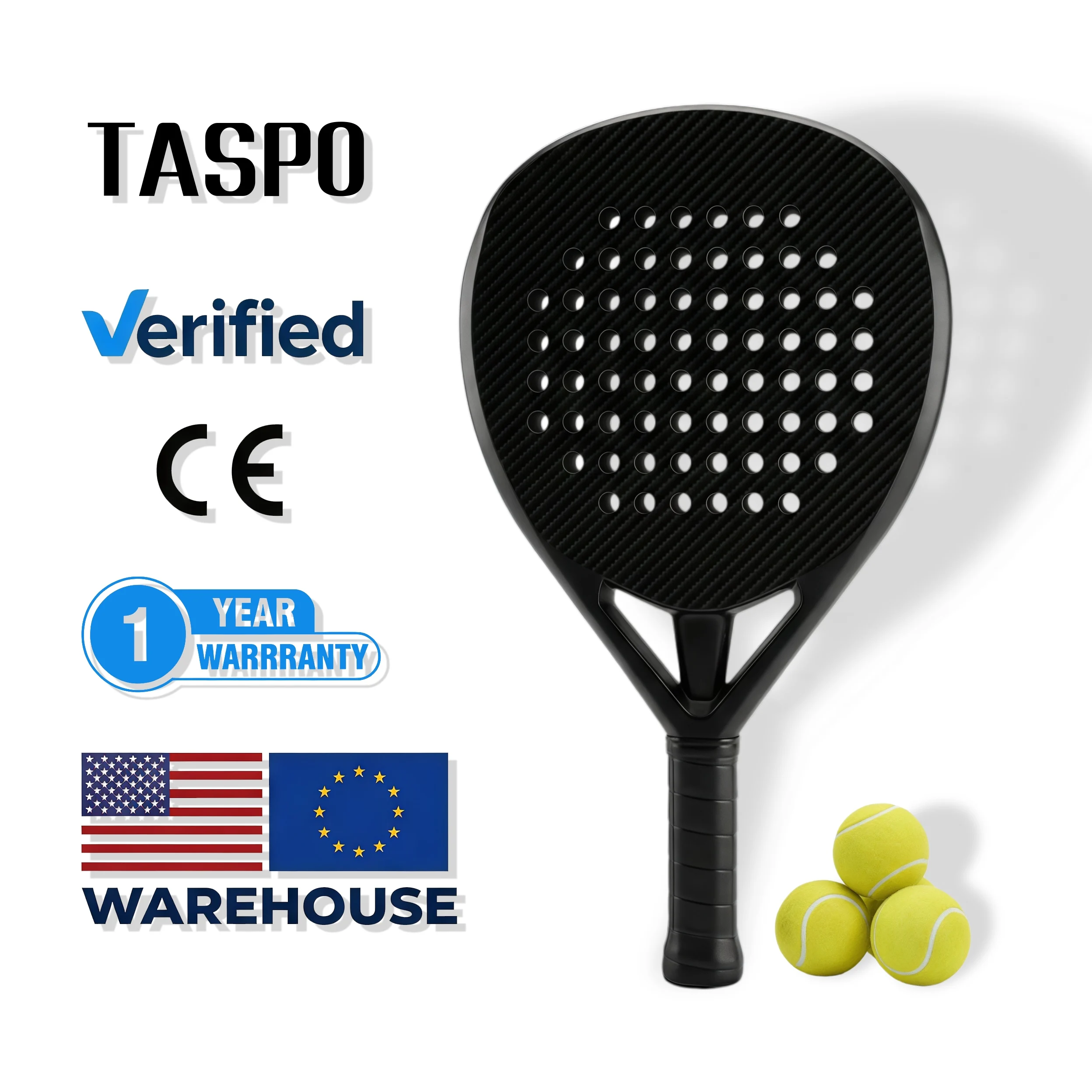 TASPO 3K Carbon Fiber Teardrop Padel Racket Professional Paddle Tennis Bat Soft EVA  1 Year Warranty US EU OEM