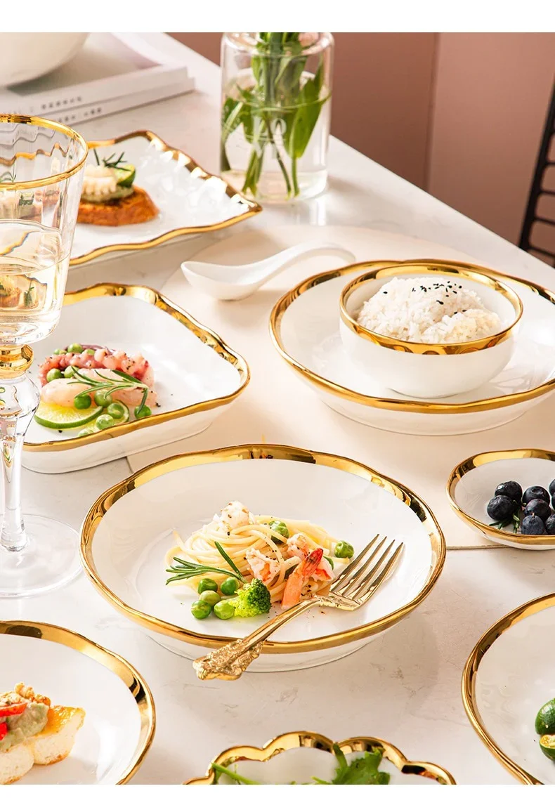 Nordic Style Luxury High Quality Ceramic Tableware Dishes and Plates Bowls Gold Rim Porcelain Dinner Set Ceramic Dinnerware Set manufacture