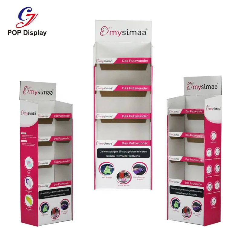 ECO Friendly Customized Size Cardboard DIY Free Floor Standing Unit 4 Shelf Display Stand Portable Paper Rack Tower Supermarket