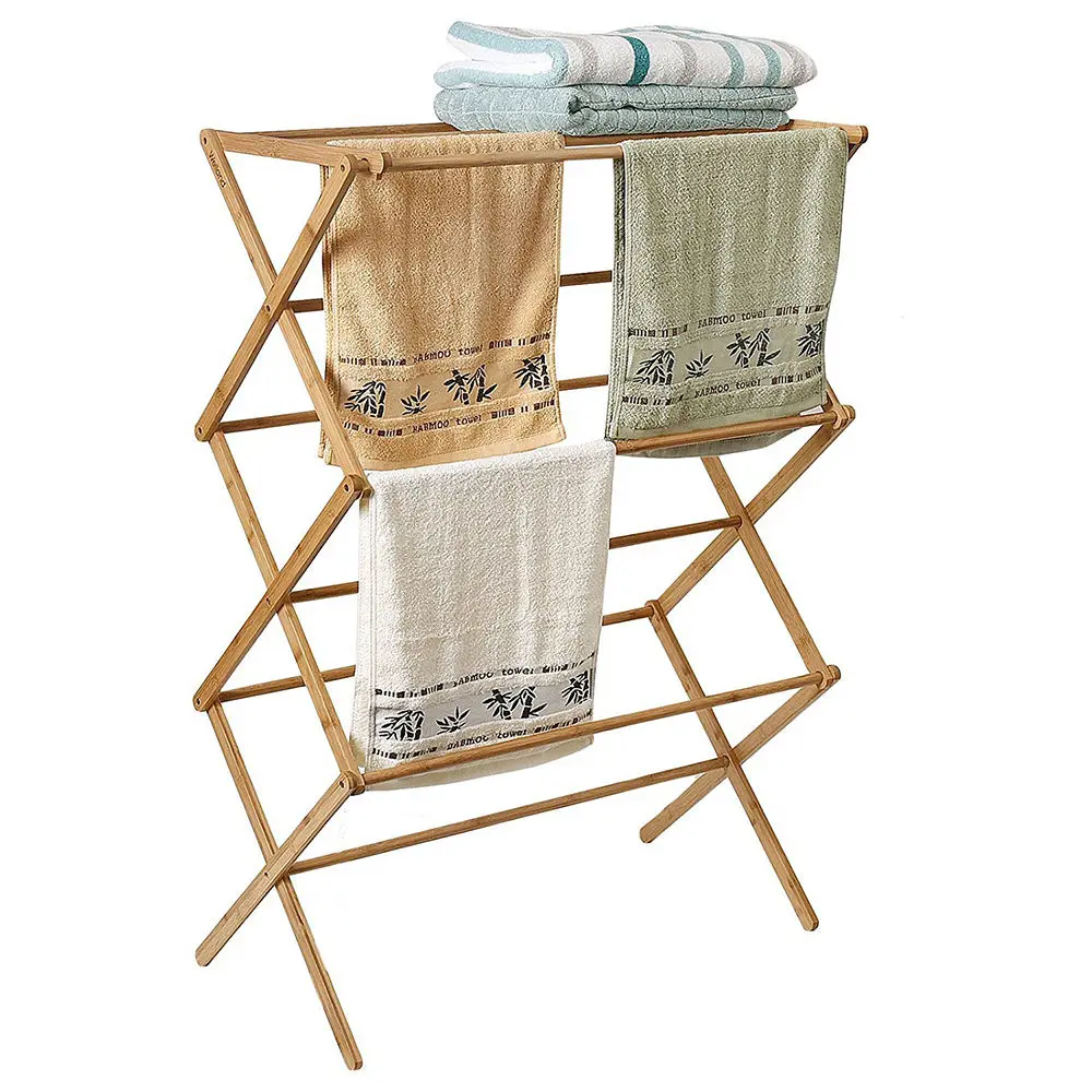 High Quality Wooden Laundry Drying Rack Foldable Space Saving Vertical  Bamboo Clothes Rack