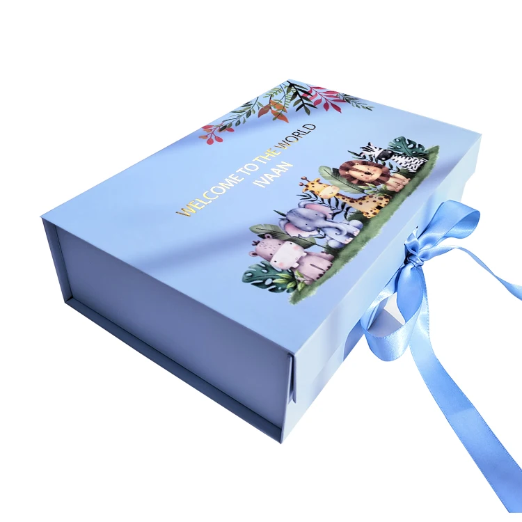 Animal Print Baby Box Gift Set Packaging Sweet Ribbon Design Embossed Carton