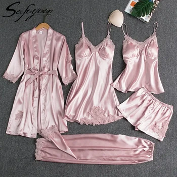 Women's Five-Piece Home Clothing Set Soft Silk Sleepwear Long Sleeve Sexy Strap Skirt Spring Autumn Summer-Comfortable Chest Mat