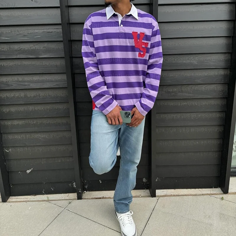 WT Custom Logo Tshirt Heavy Cotton Stripe Collar Long Sleeve Applique Embroidery Golf Jersey T-shirt Rugby Polo Shirt for Men gallery 3