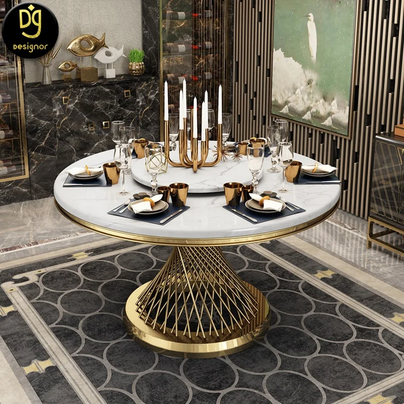 Exclusive glamor dining table, modern, with white marble, gold LV COLLECTION