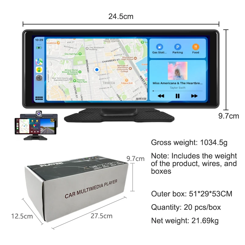 10.26インチIPSポータブルCarplayタッチスクリーン、駐車録画・監視
