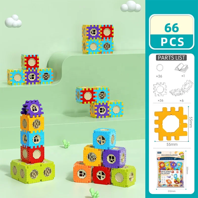 Samtoy 66PCS Learning Toys Colorful Waffle Blocks Stem Interlocking Building Blocks DIY Puzzle Block for Kids