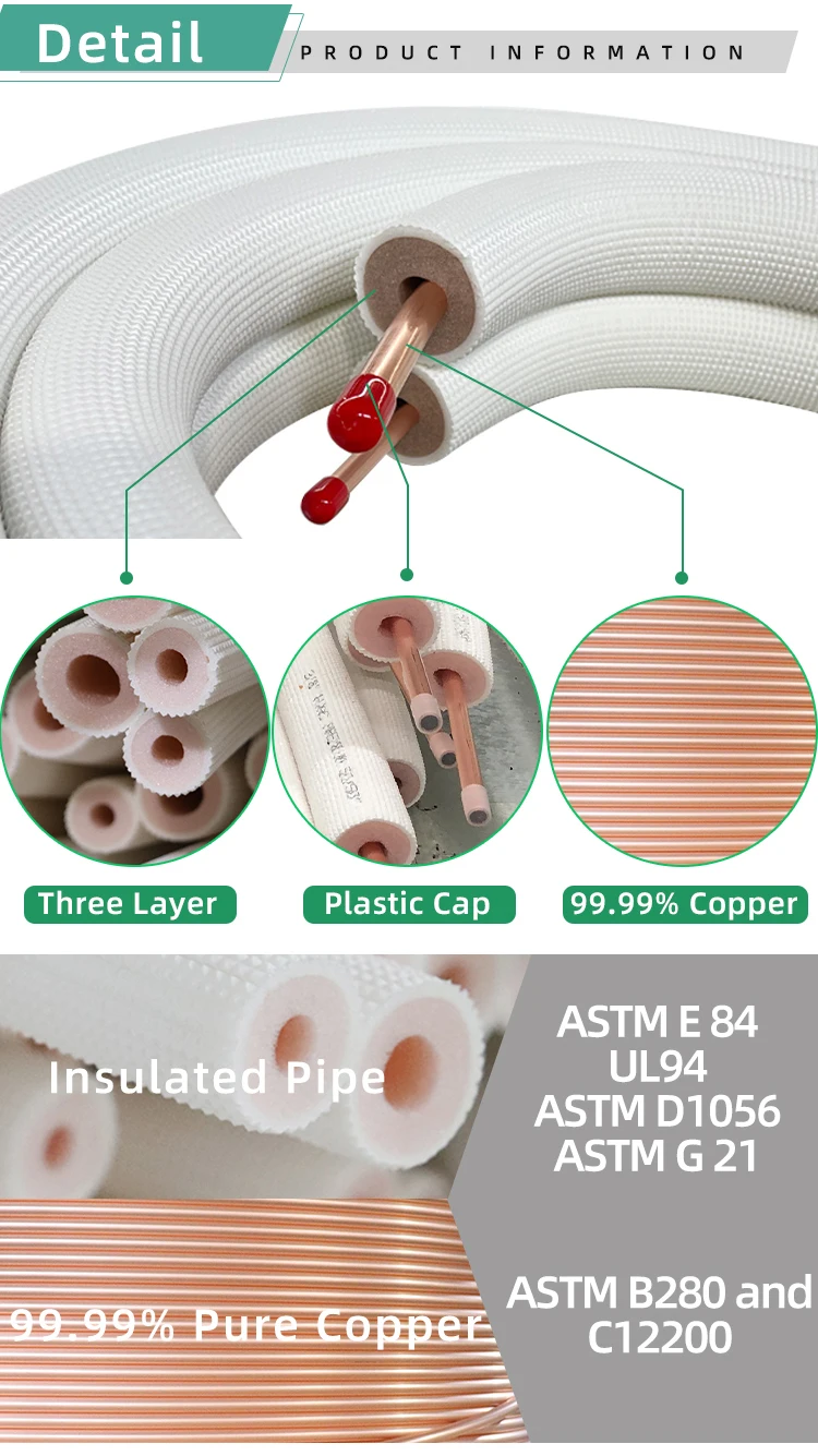 100  feet 1/4" X 3/8"  Split Aircon Accessories Mini  Pre-Insulated Copper AC Installation Pipe manufacture