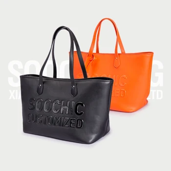 High Quality OEM Custom Embossed Logo Leather Black Tote bags for Women Purses