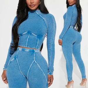 Huili Acid Washed High Stretch Matching Sets Custom Logo Bodysuits 2 Piece Slimming Yoga Running Ribbed Activewear for Women