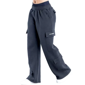 Women's XL Wide Leg Cargo Sports Pants Breathable Thick Knitted Work Pants Button Decoration Logo Pattern Online Wholesalers