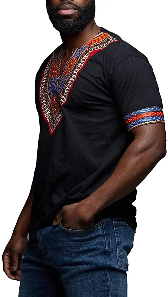 Mens African Dashiki T Shirt Tribal Floral Print V Neck Slim Fit Shirts Tops
