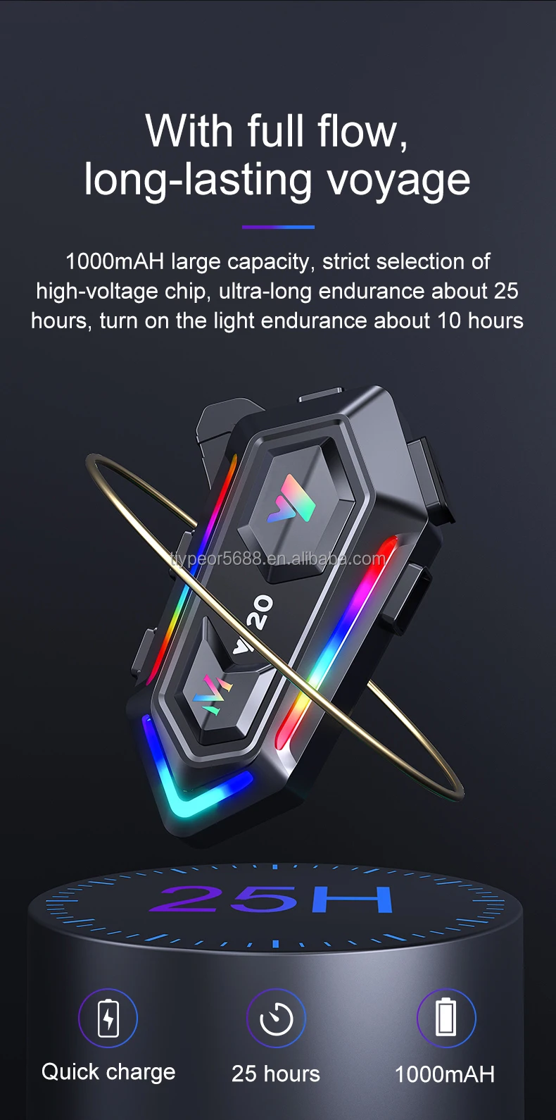 product tiypeor motorcycle helmet bt headset rider rgb colorful lights waterproof 1000mah music player communicator speakers-8