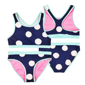 Custom Kids Swimwear Beachwear with White Dots Breathable Two Piece Swimming Bathing Suit for Girls