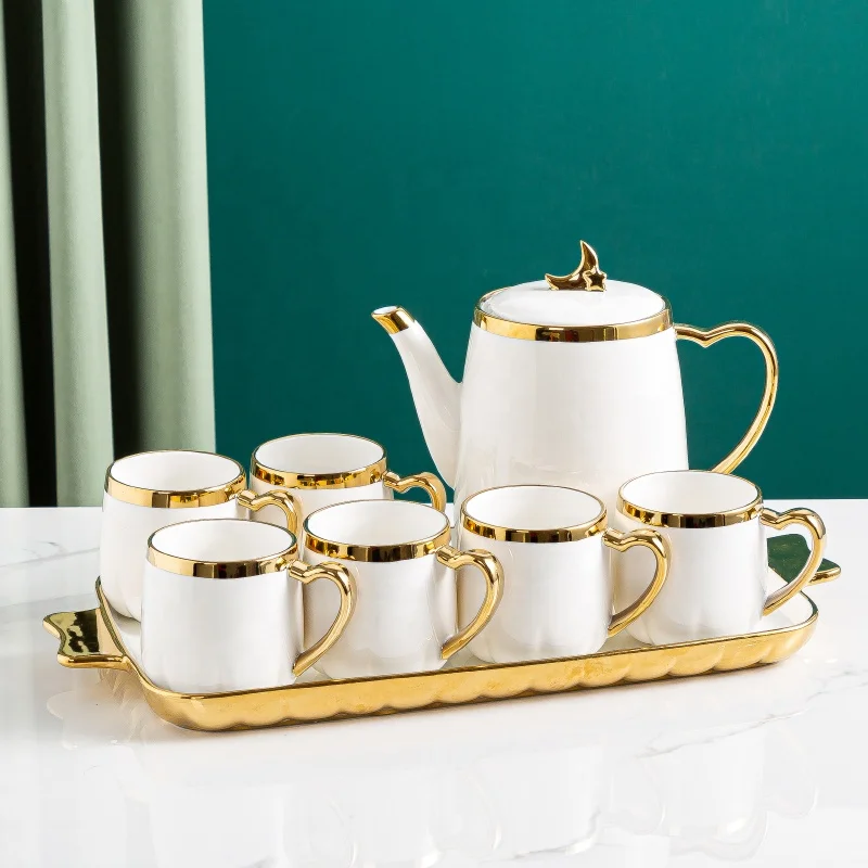 Creative Design Ceramic Tea Pot Set with Six Cups & Serving Tray
