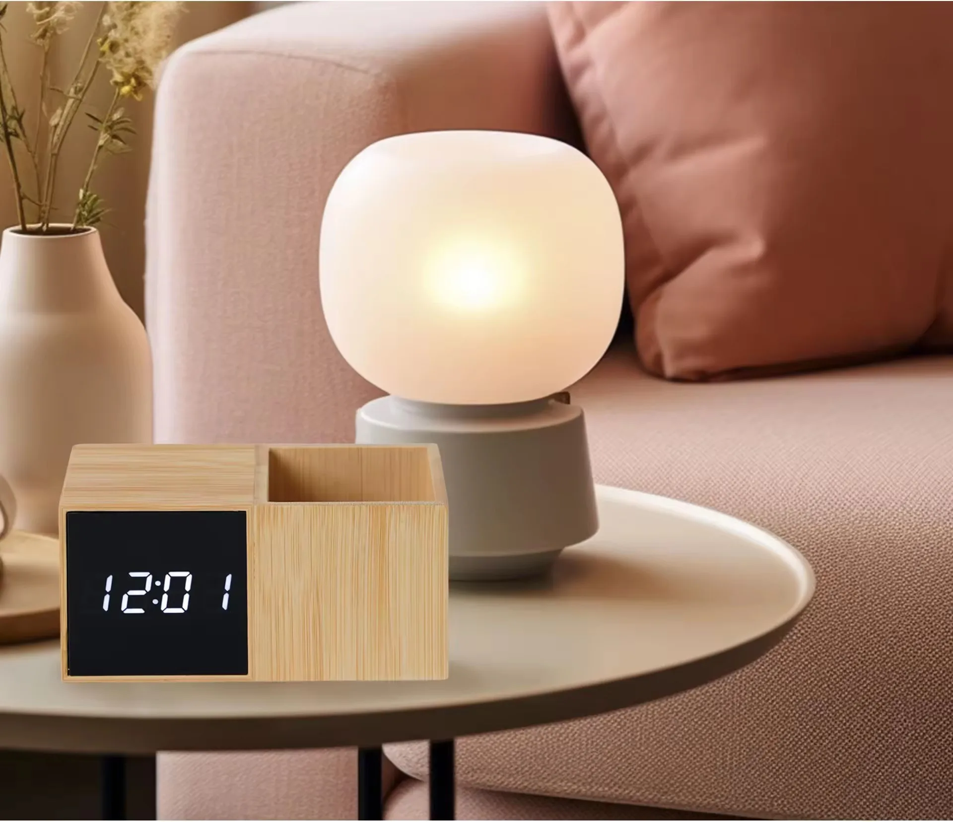 Durable in Use Hot Sale Mirror Surface Time Date Temperature Digital LED Wood Alarm Clock with Pen Holder