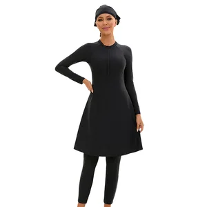 Women's Muslim Long-Sleeved European American Solid Color Three-Piece Split Sunscreen Swimsuit Full-Surrounded Burkinis Front