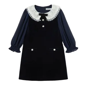 Black Velvet Cotton Winter Clothes ODM Girls Long Sleeve Lace Peter Pan Collar with Pocket Dresses Children's Clothing