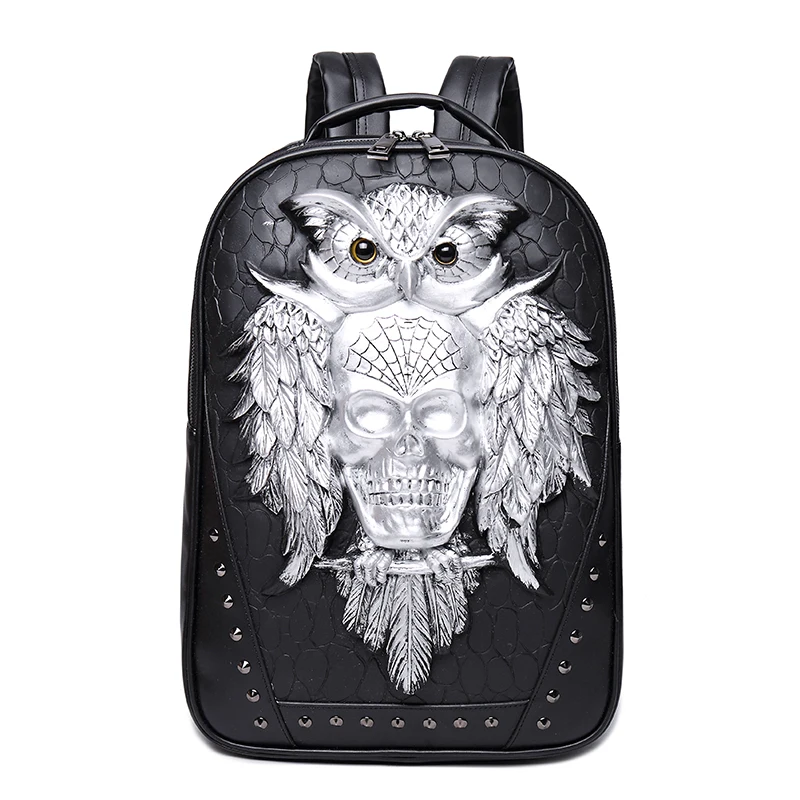 Men Backpack 3D Owl Skull Embossing Rivet Black Purse  display picture 1