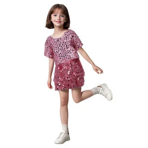 Customizable Summer Casual Girl Clothing Set Sparkling Pink Sequin Short T-Shirt Skirt with Printed Pattern
