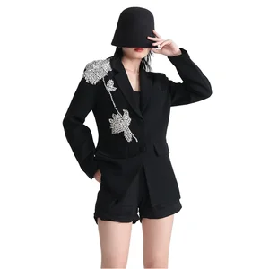 Customize Premium Double Breasted Floral Patchwork Sequin Embroidery Loose-Fit Elegant Blazer Suit Jacket Sehe Fashionbisou