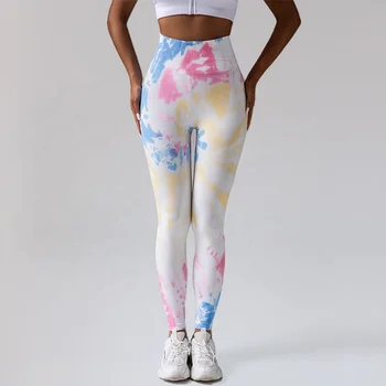 Wholesale Custom Logo No Front Line Seamless Tie Dye Yoga Pants Fitness Gym Tights Soft High Waist Yoga Leggings Women