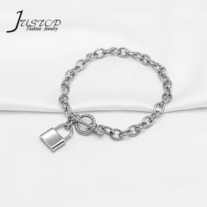 Silver Plated Trendy Oval Link Chain Wholesale Stainless Steel Padlock Ot Buckle Lock Charms Pendant Bracelet for Women