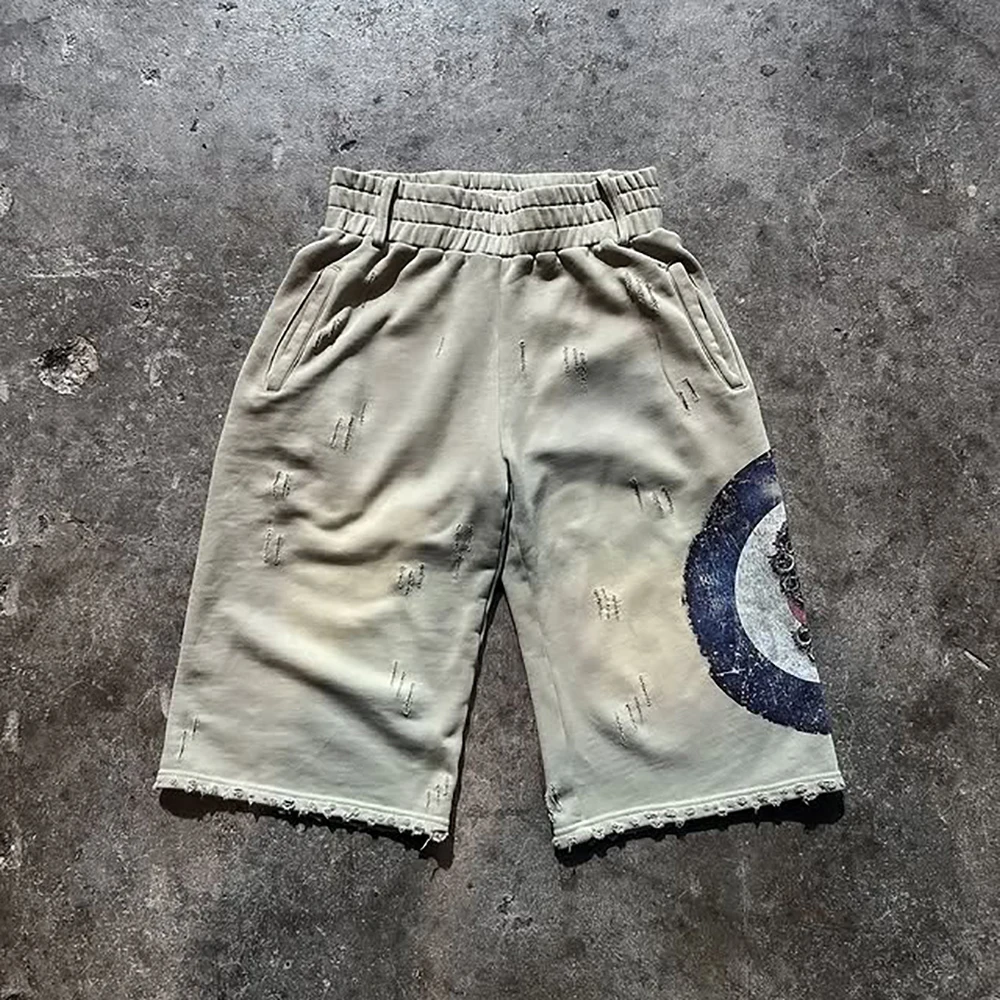 Mataas na Kalidad na Pasadyang French Terry Cotton, Habang Tuwa, Stone Acid Wash, May Rip, Maluwang, Sira-sira na Jogger Sweat Shorts para sa Lalaki